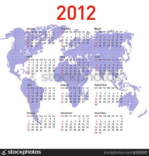 calendar 2012 with world map. Sundays first