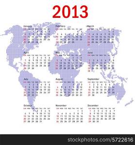 calendar 2013 with world map. Sundays first