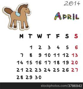 Calendar 2014 year of the horse, graphic illustration of April monthly calendar with toy doodle and original hand drawn text