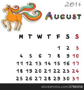 Calendar 2014 year of the horse, graphic illustration of August monthly calendar with toy doodle and original hand drawn text, colored format for kids
