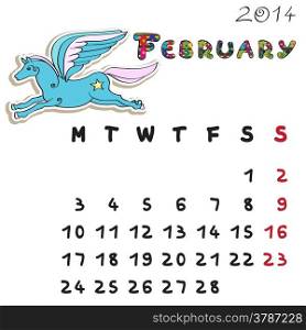 Calendar 2014 year of the horse, graphic illustration of February monthly calendar with toy doodle and original hand drawn text, colored format for kids