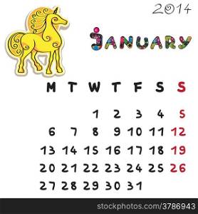 Calendar 2014 year of the horse, graphic illustration of January monthly calendar with toy doodle and original hand drawn text, colored format for kids