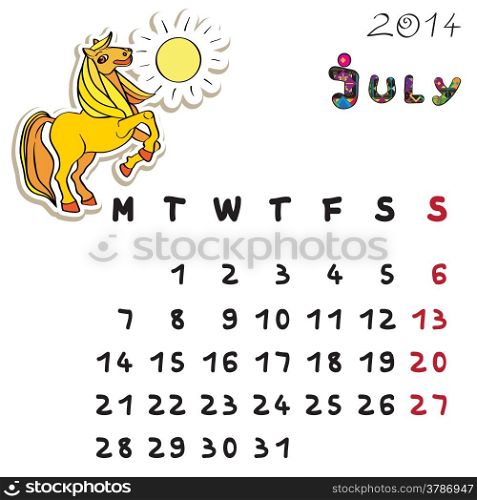 Calendar 2014 year of the horse, graphic illustration of July monthly calendar with toy doodle and original hand drawn text, colored format for kids