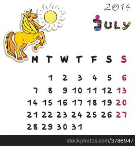 Calendar 2014 year of the horse, graphic illustration of July monthly calendar with toy doodle and original hand drawn text, colored format for kids