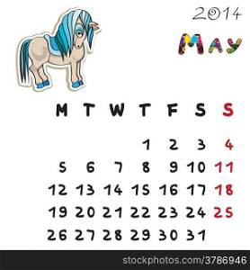 Calendar 2014 year of the horse, graphic illustration of May monthly calendar with toy doodle and original hand drawn text, colored format for kids