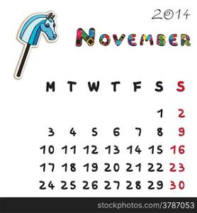 Calendar 2014 year of the horse, graphic illustration of November monthly calendar with toy doodle and original hand drawn text, colored format for kids