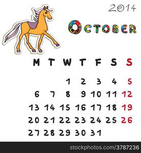 Calendar 2014 year of the horse, graphic illustration of October monthly calendar with toy doodle and original hand drawn text, colored format for kids