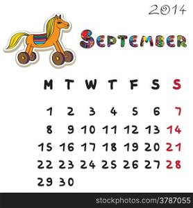 Calendar 2014 year of the horse, graphic illustration of September monthly calendar with toy doodle and original hand drawn text, colored format for kids