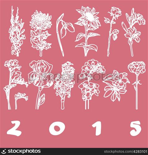Calendar 2015 cover with hand drawn flowers illustrations for each month, pink stencil over white