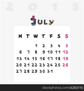 Calendar 2015, graphic illustration of July monthly calendar with original hand drawn text and colored capital letters for kids