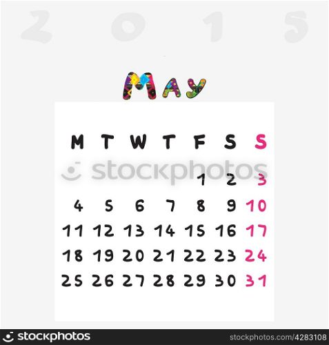 Calendar 2015, graphic illustration of May monthly calendar with original hand drawn text and colored capital letters for kids