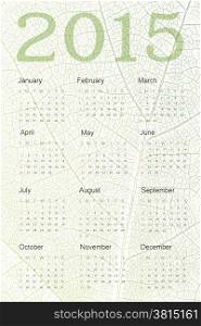 Calendar 2015 on green leaf texture. Vector
