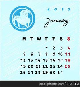 Calendar 2015 page illustration with zodiac sign of Capricorn as grungy stamp over a colored scribble background, January