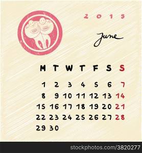 Calendar 2015 page illustration with zodiac sign of Gemini as grungy stamp over a colored scribble background, June