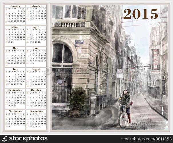 Calendar 2015 with illustration of city street. Watercolor style.