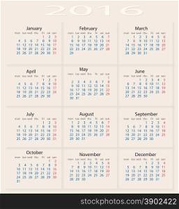 calendar 2016. Simple european 2016 year vector calendar.
