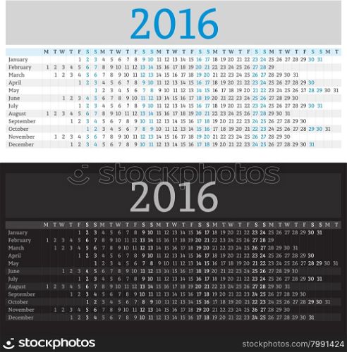 Calendar 2016 Vector Design Template.