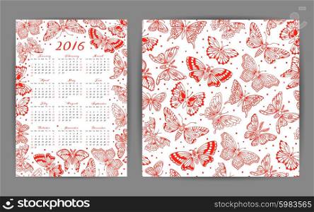 Calendar 2016 year and seamless pattern with decorative butterflies. Calendar 2016 year and seamless pattern with decorative butterflies. Vector design template