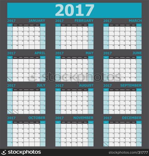 Calendar 2017 week starts on Sunday (12 months set), stock vector