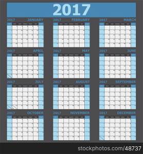 Calendar 2017 week starts on Sunday (blue tone), stock vector