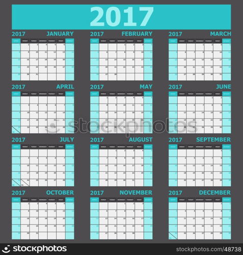 Calendar 2017 week starts on Sunday (light green tone), stock vector