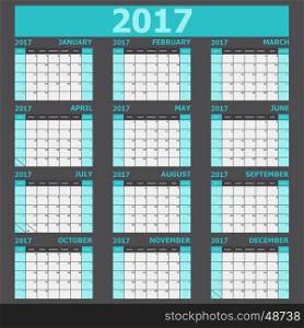 Calendar 2017 week starts on Sunday (light green tone), stock vector