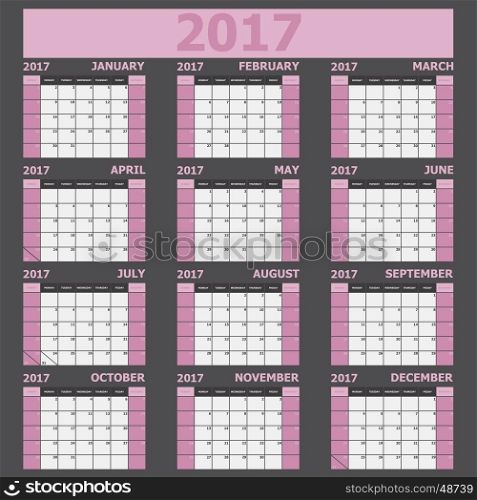 Calendar 2017 week starts on Sunday (light pink tone), stock vector