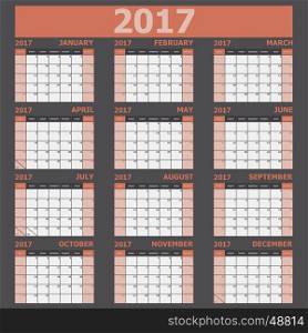 Calendar 2017 week starts on Sunday (orange tone), stock vector