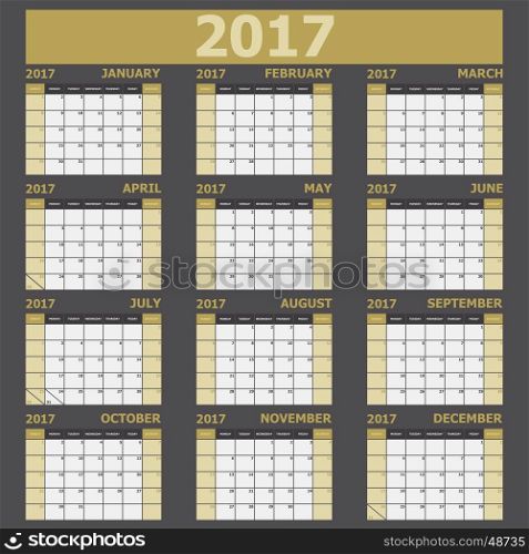 Calendar 2017 week starts on Sunday (yellow tone), stock vector
