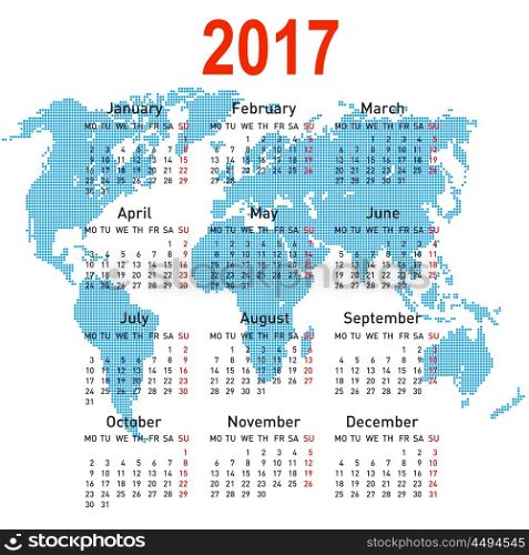 calendar 2017 with world map. Week starts on Monday.. calendar 2017 with world map. Week starts on Monday
