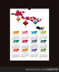 calendar 2018 design. Chinese new year, the year of the dog and sakura blossom. Set of 12 month