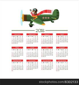 Calendar 2018. Happy New Year! Cheerful vector illustration. A fun dog character 2018 flying on the plane.