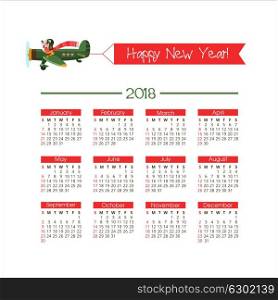 Calendar 2018. Happy New Year! Cheerful vector illustration. A fun dog character 2018 flying on the plane.