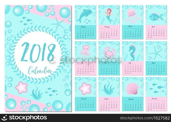 Calendar 2018 in marine style, sea life. Week starts from monday. Template for your design fairytale underwater world with marine animals and a mermaid. Vector illustration. Calendar 2018 in marine style, sea life. Week starts from monday. Template for your design fairytale underwater world with marine animals and a mermaid. Vector illustration.