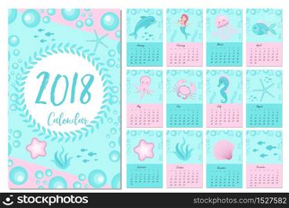 Calendar 2018 in marine style, sea life. Week starts from monday. Template for your design fairytale underwater world with marine animals and a mermaid. Vector illustration. Calendar 2018 in marine style, sea life. Week starts from monday. Template for your design fairytale underwater world with marine animals and a mermaid. Vector illustration.