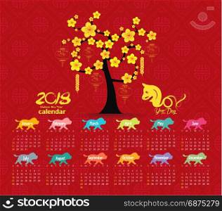 calendar 2018 tree design. Chinese new year, the year of the dog zodiac monthly cards templates. Set of 12 month