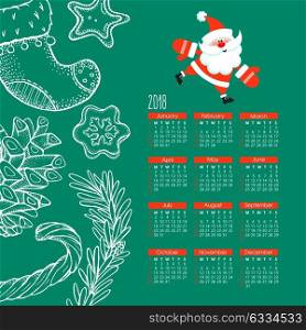 Calendar 2018. Vector illustration. Cheerful Santa Claus. Hand drawn poinsettia, Christmas socks, cookies, candy.