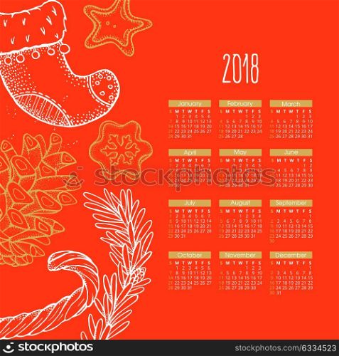 Calendar 2018. Vector illustration. Hand drawn poinsettia, Christmas socks, cookies, candy.