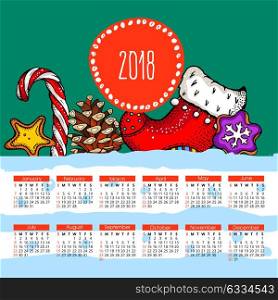 Calendar 2018. Vector illustration. Hand drawn poinsettia, Christmas socks, cookies, candy.