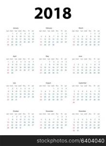 Calendar 2018. Week starts from Sunday. Vector Illustration EPS10. Calendar 2018. Week starts from Sunday. Vector Illustration