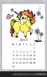 Calendar 2018 with unicorn,april month,hand drawn template,vector illustration. Calendar 2018 with unicorn,hand drawn template