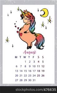 Calendar 2018 with unicorn,August month,hand drawn template,vector illustration. Calendar 2018 with unicorn,hand drawn template
