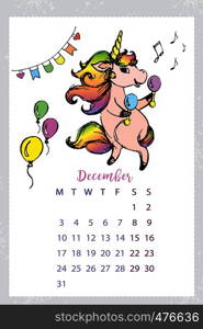 Calendar 2018 with unicorn,December month,hand drawn template,vector illustration. Calendar 2018 with unicorn,hand drawn template