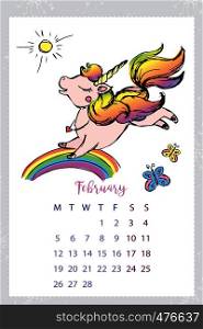 Calendar 2018 with unicorn,February month,hand drawn template,vector illustration. Calendar 2018 with unicorn,hand drawn template