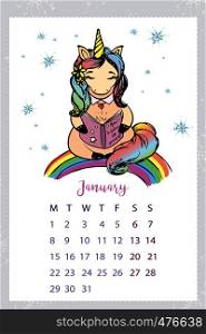Calendar 2018 with unicorn,January month, hand drawn template,vector illustration. Calendar 2018 with unicorn,hand drawn template