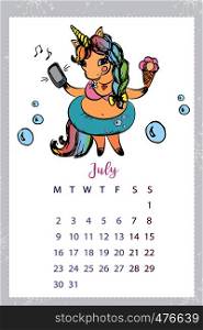 Calendar 2018 with unicorn,July month,hand drawn template,vector illustration. Calendar 2018 with unicorn,hand drawn template