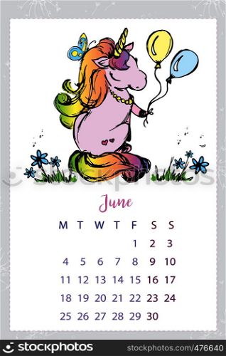 Calendar 2018 with unicorn,June month,hand drawn template,vector illustration. Calendar 2018 with unicorn,hand drawn template