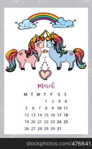 Calendar 2018 with unicorn,March month,hand drawn template,vector illustration. Calendar 2018 with unicorn,hand drawn template