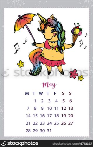 Calendar 2018 with unicorn,May month,hand drawn template,vector illustration. Calendar 2018 with unicorn,hand drawn template