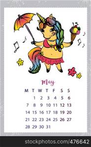 Calendar 2018 with unicorn,May month,hand drawn template,vector illustration. Calendar 2018 with unicorn,hand drawn template